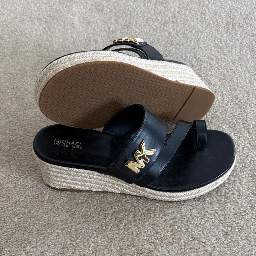 Michael Kors Black and Gold Wedge Sandals